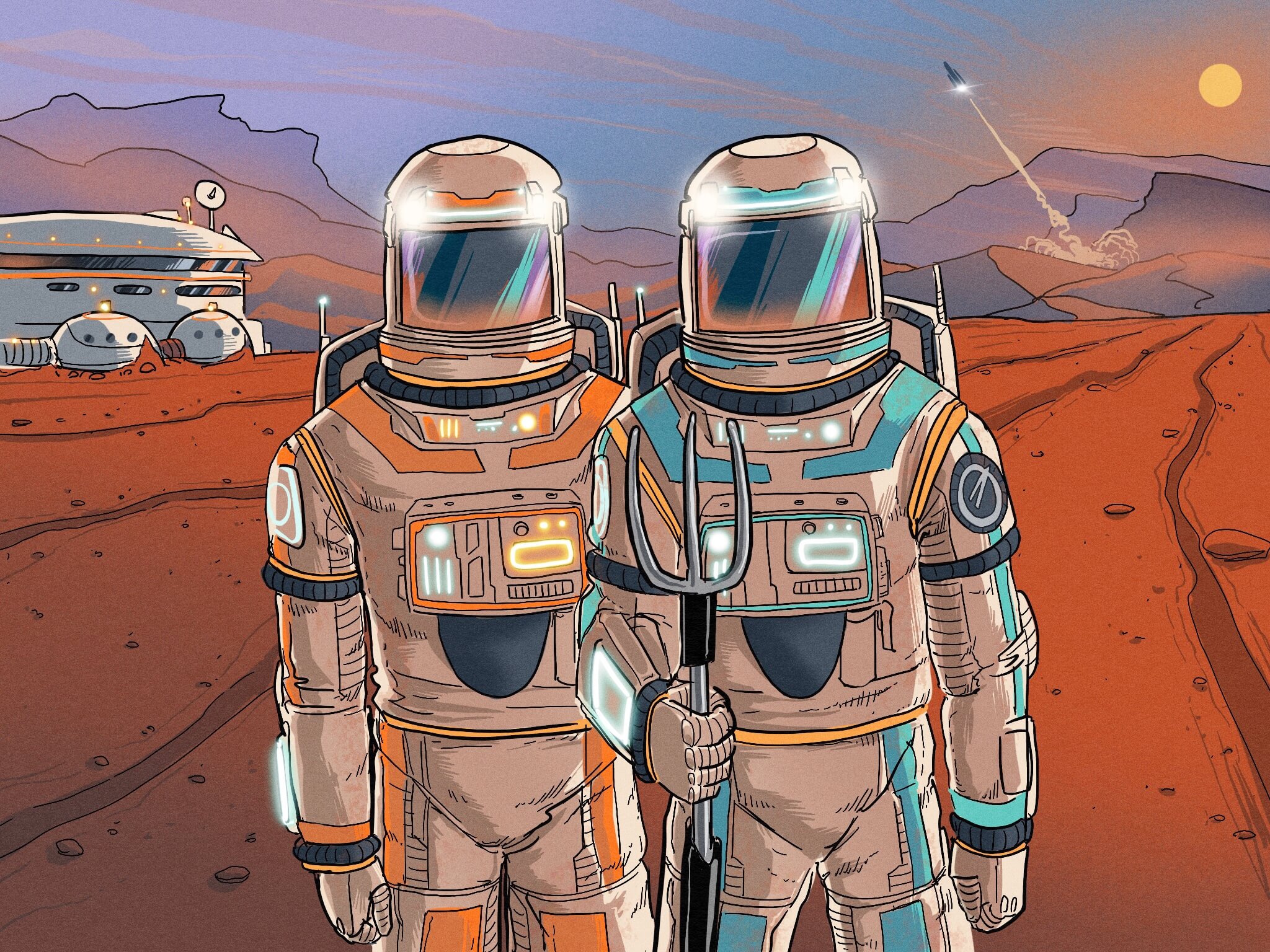 Couple astronnauts standing on planet mars - United Launch Alliance, Boeing BA, Lockheed Martin LMT